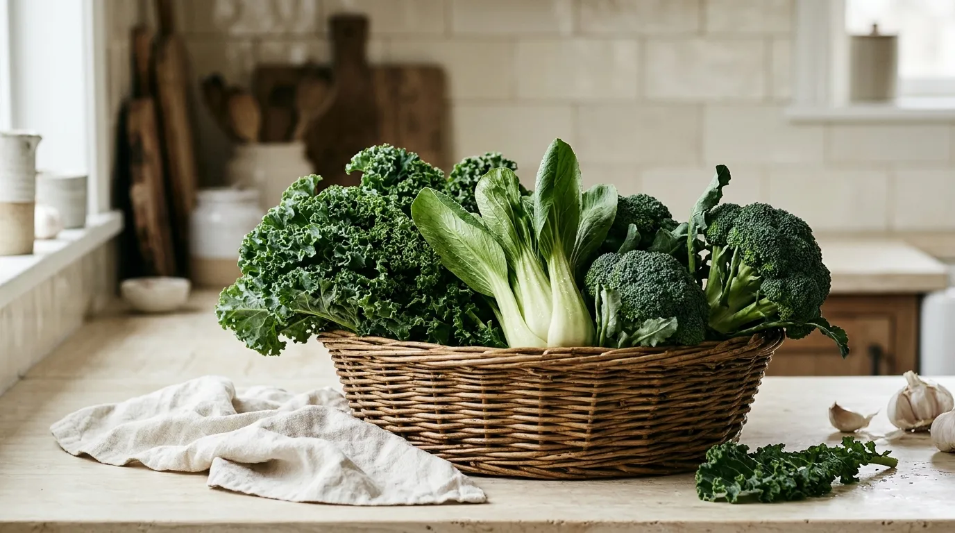 A basket of fresh kale and bok choy on a kitchen counter
