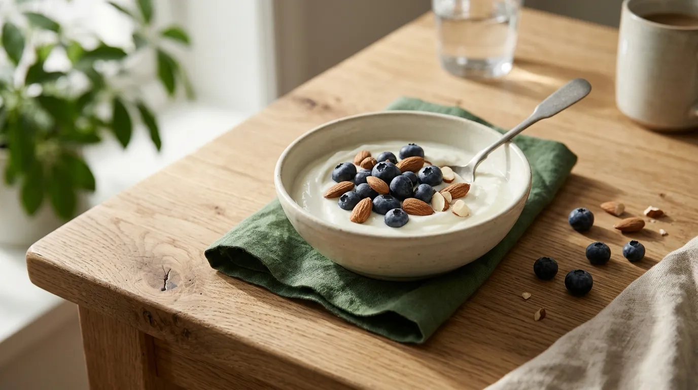 A bowl of yogurt with blueberries and almonds on a wooden table