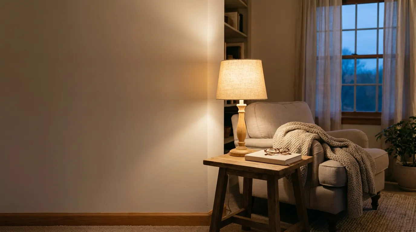 A quiet sitting room in the evening with a lamp, an armchair and a closed notebook on the table