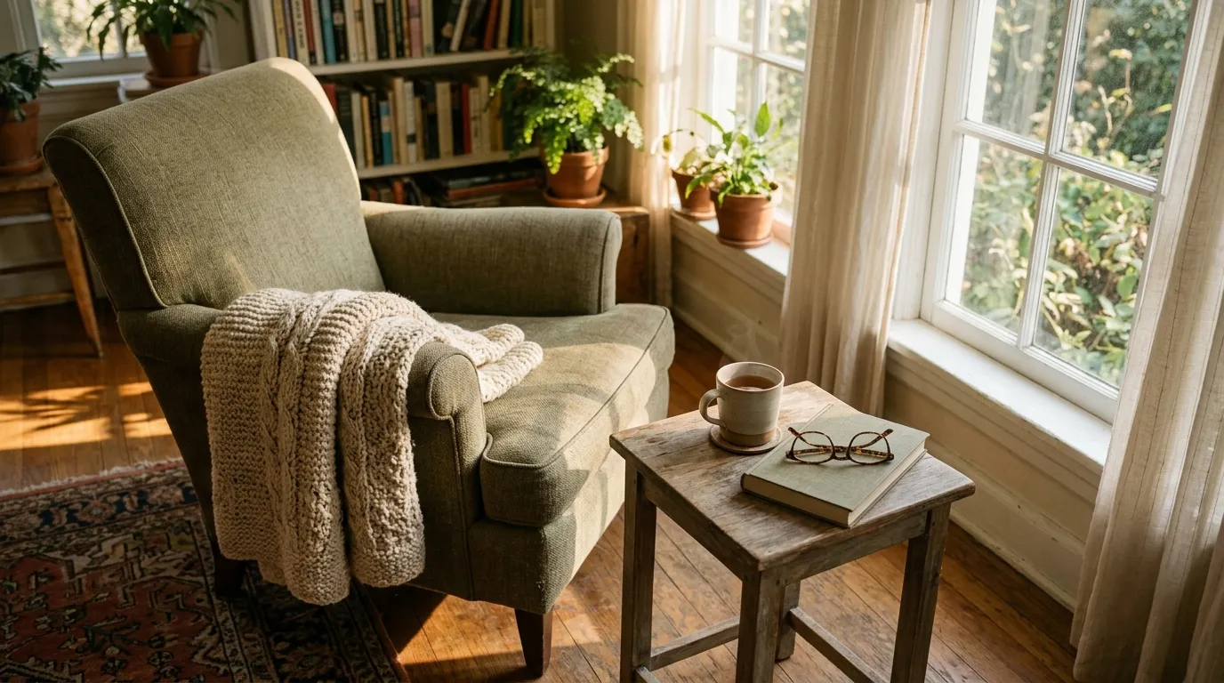A reading chair by a sunny window with a knitted blanket and a cup of tea