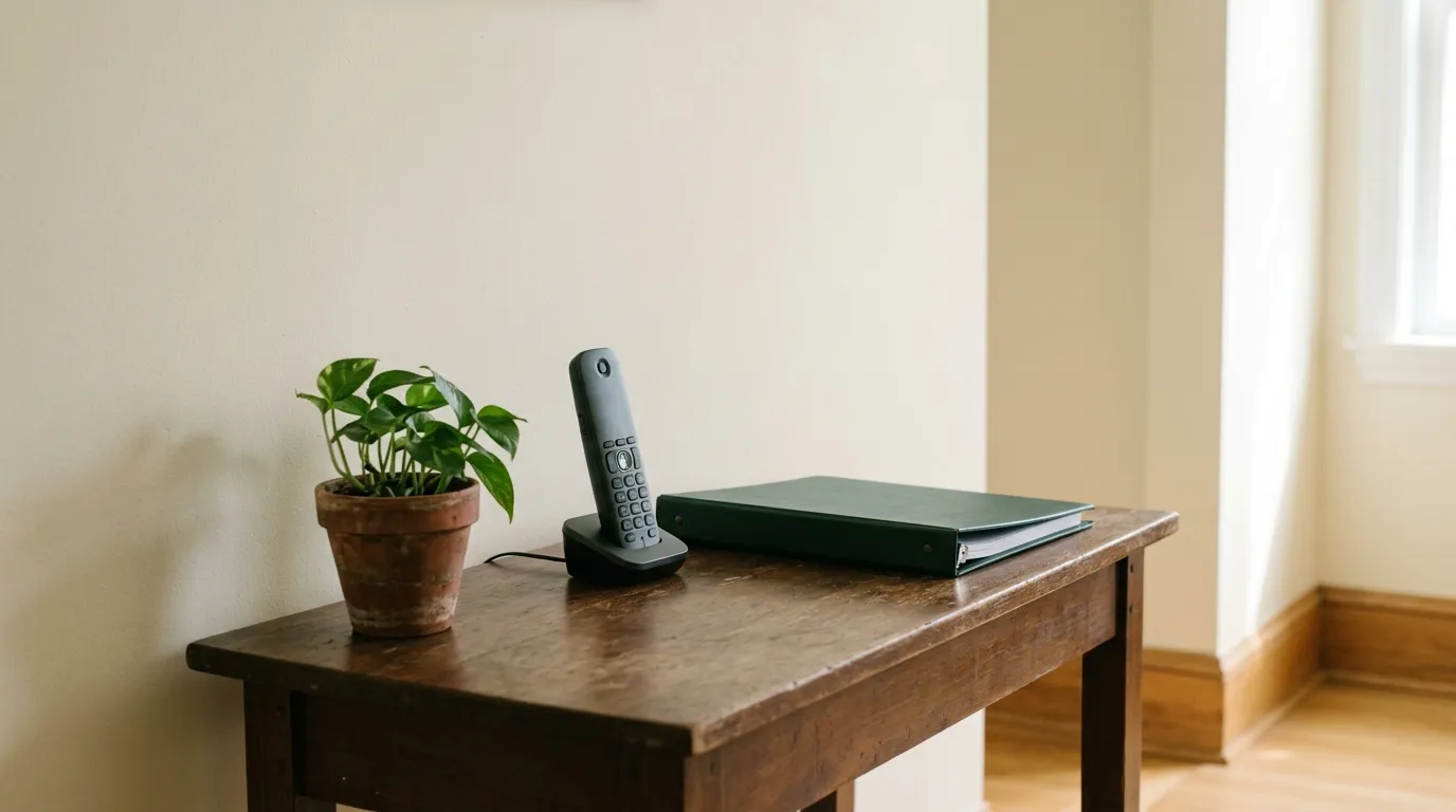 A home phone on a hallway table beside a green binder and a potted plant