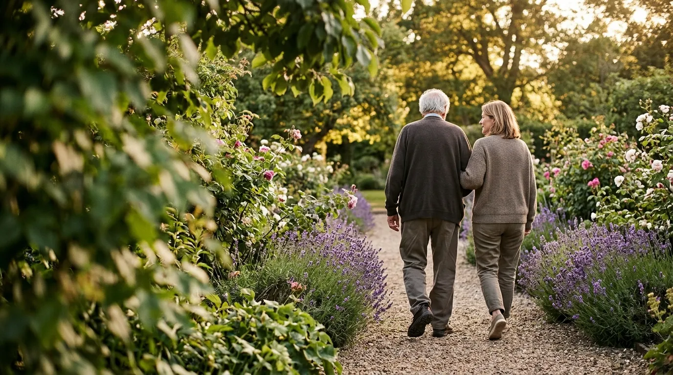 An older father and his adult daughter walking arm in arm along a garden path at golden hour