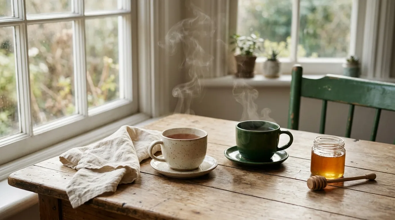 Two cups of tea on a wooden kitchen table by a window