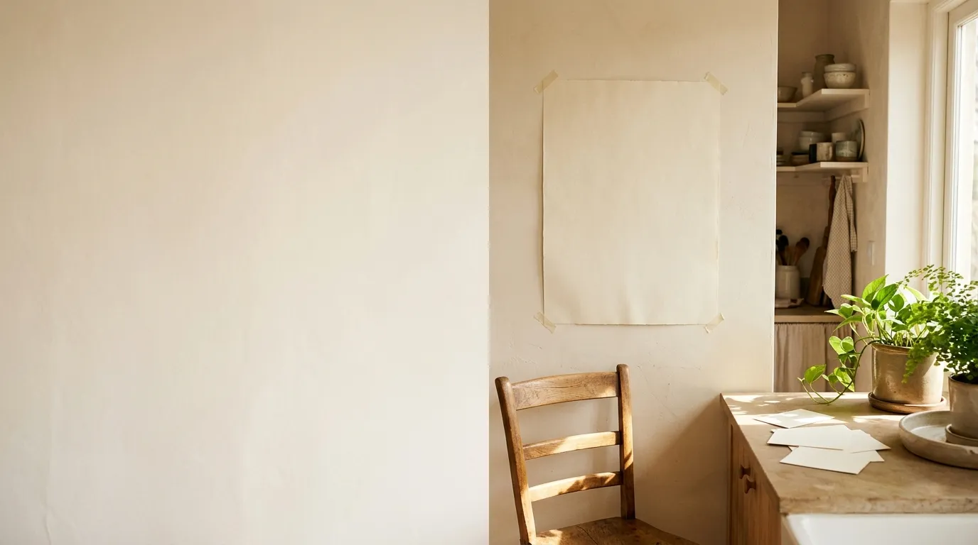 A kitchen wall with a cream poster beside a wooden chair
