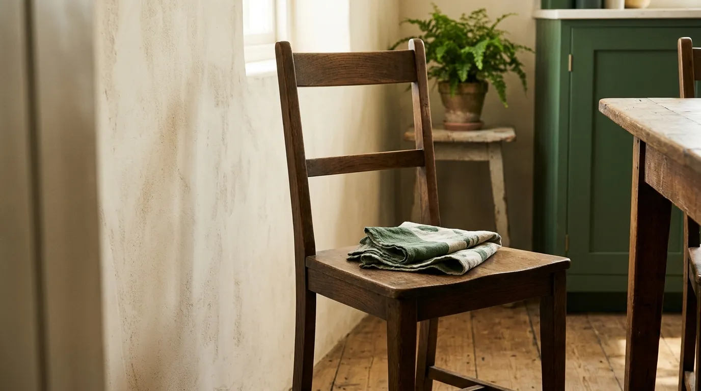 A sturdy wooden chair against a cream wall in a sunny room
