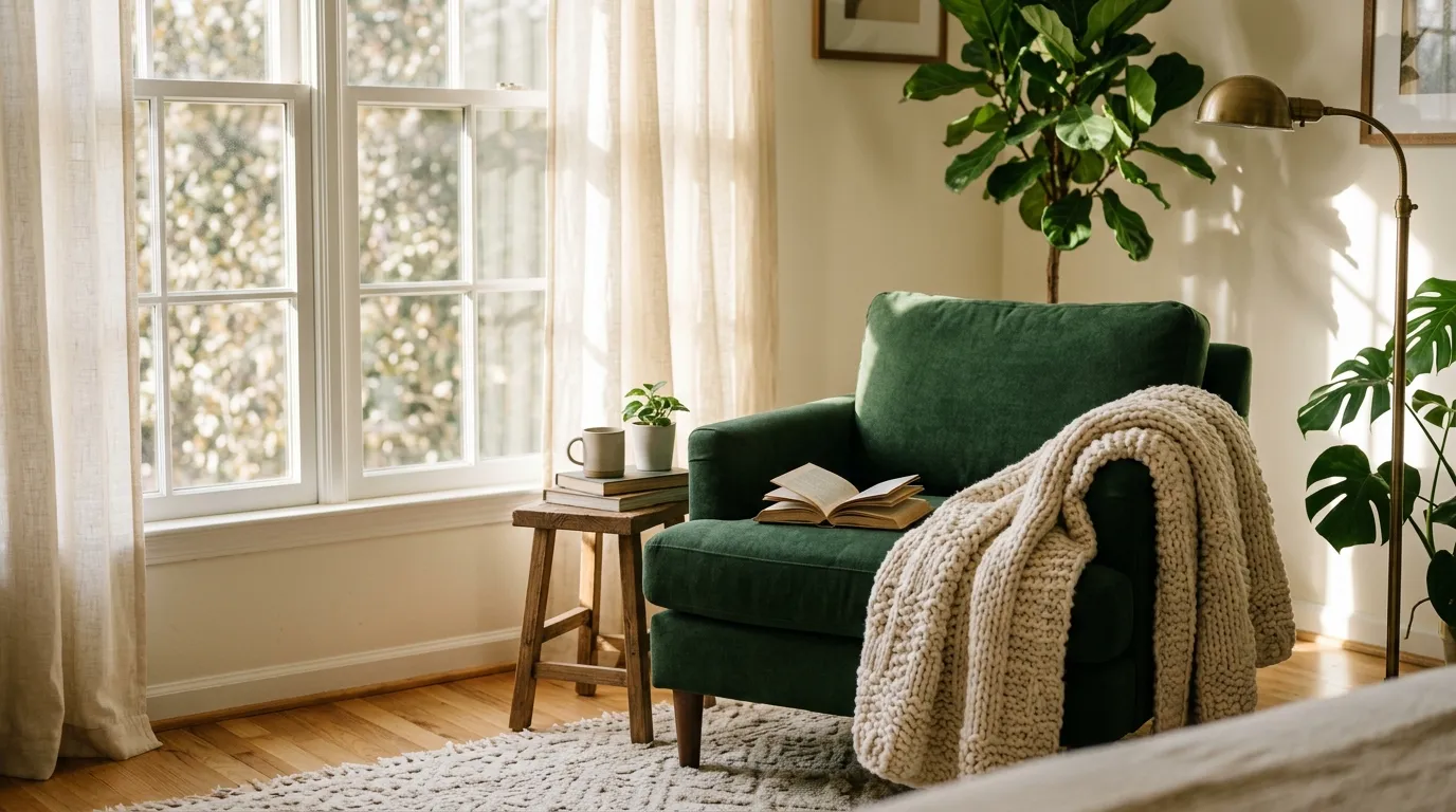 A green armchair by a bright window