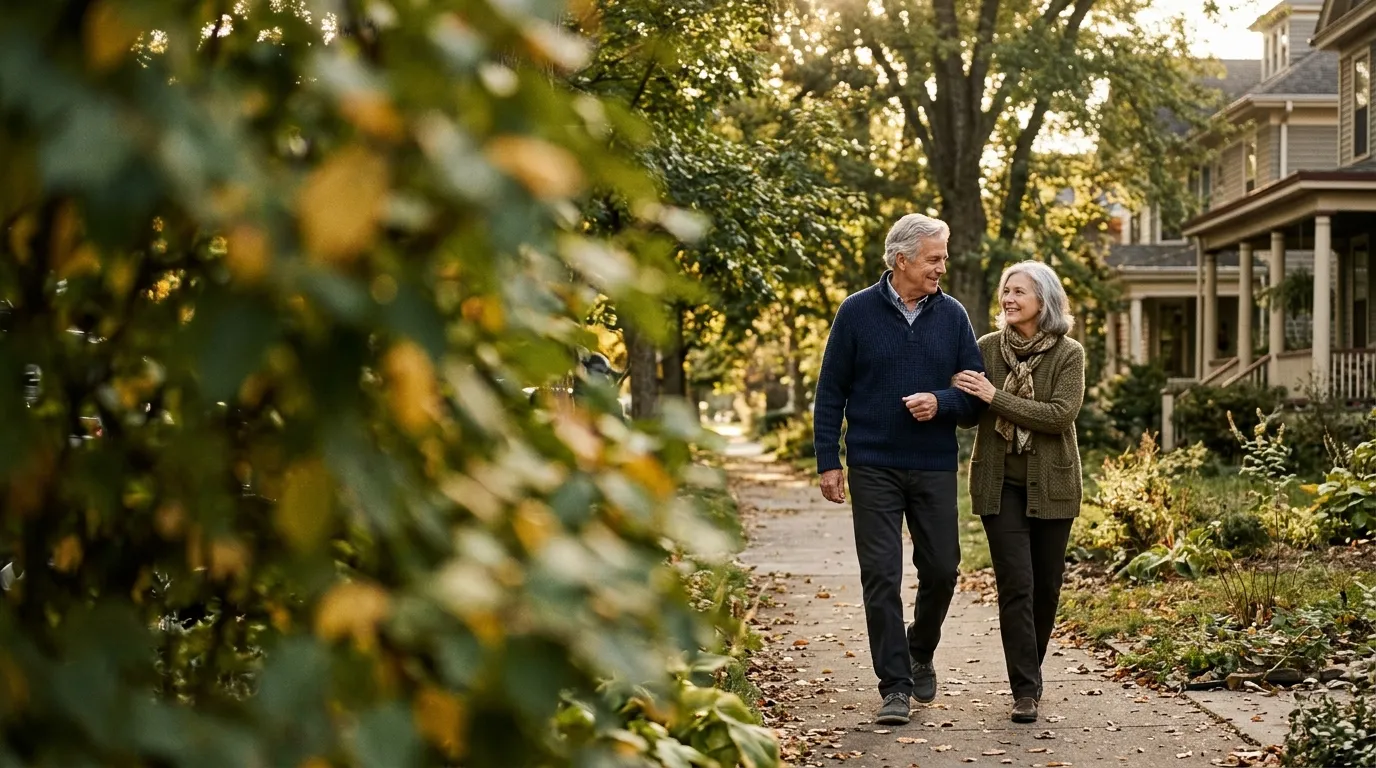 An older couple walking arm in arm down a leafy sidewalk