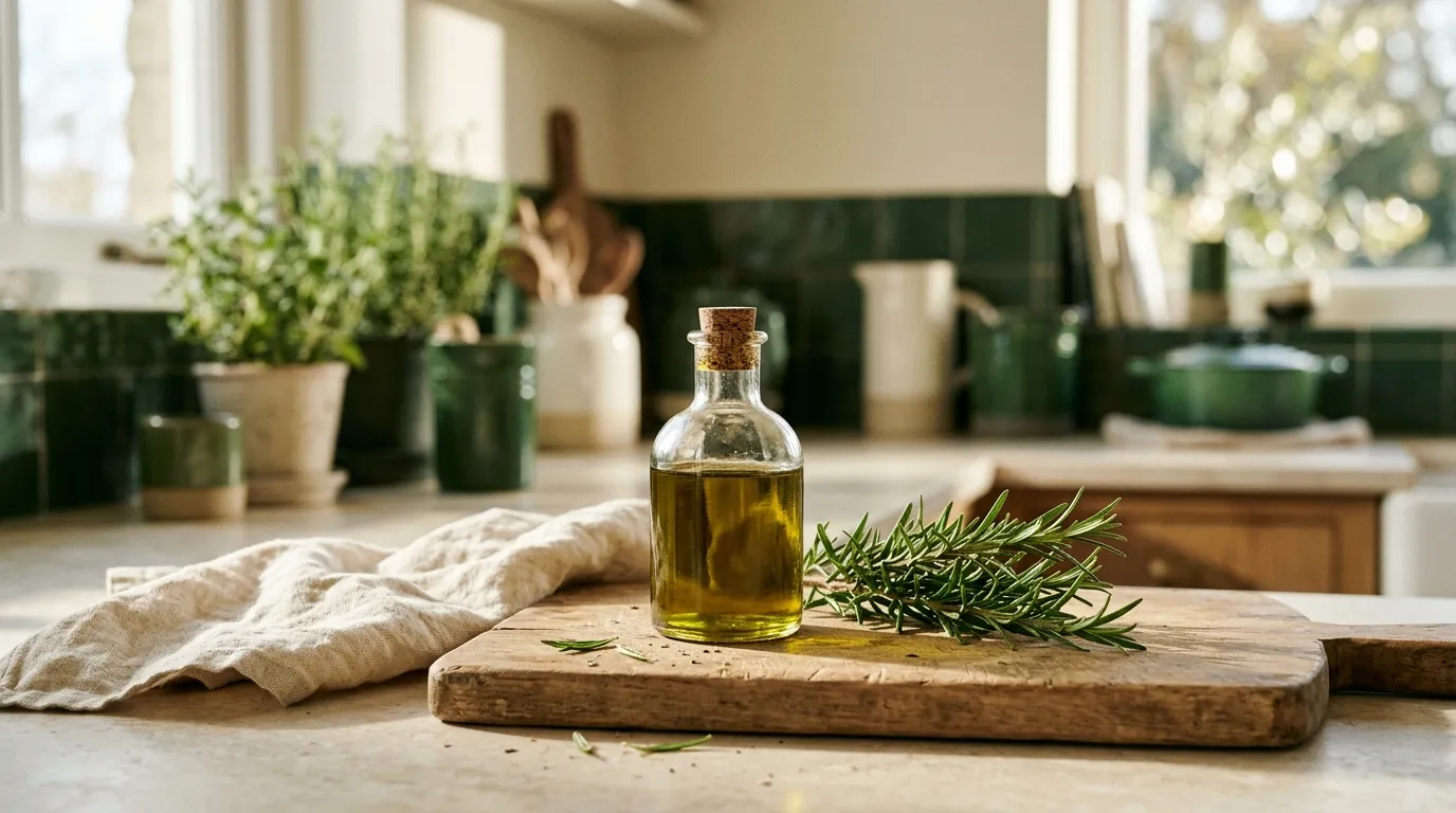 A bottle of olive oil and fresh rosemary on a kitchen counter