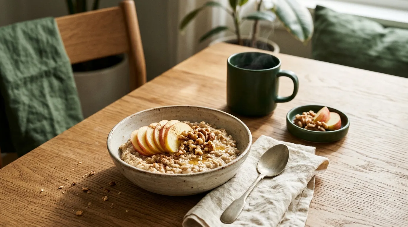 A bowl of oatmeal with sliced apple on a wooden table