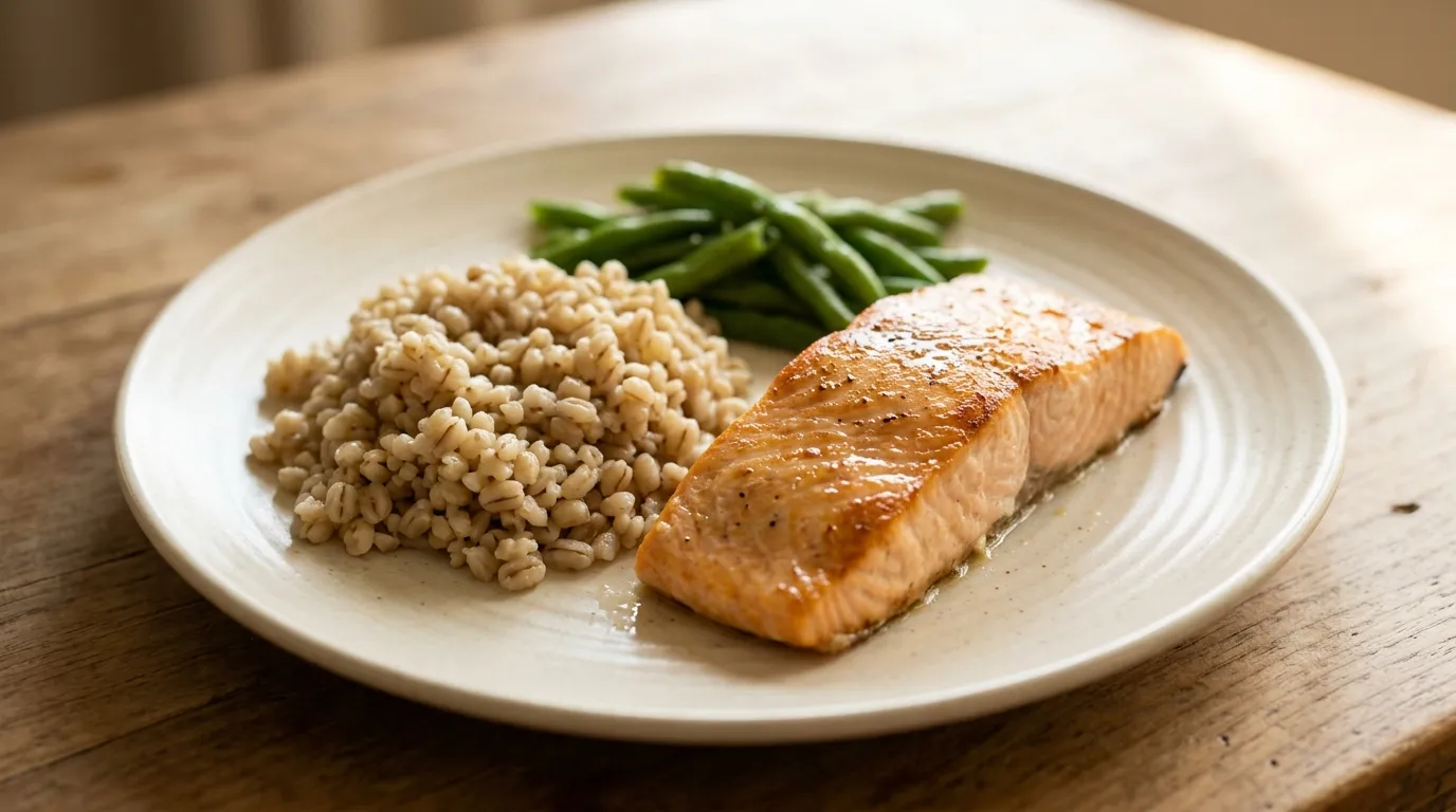 Baked salmon with barley pilaf and green beans
