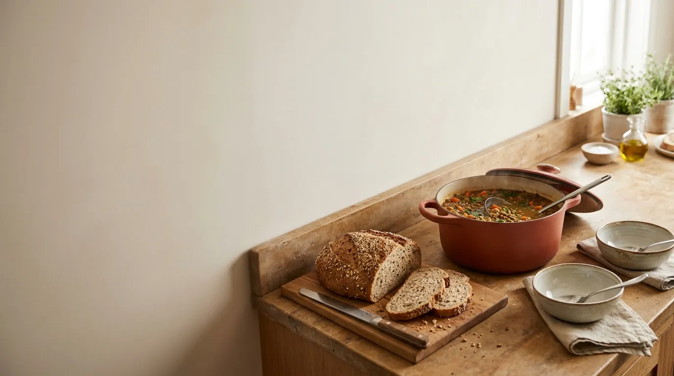 A bowl of soup and bread on a kitchen counter in soft light