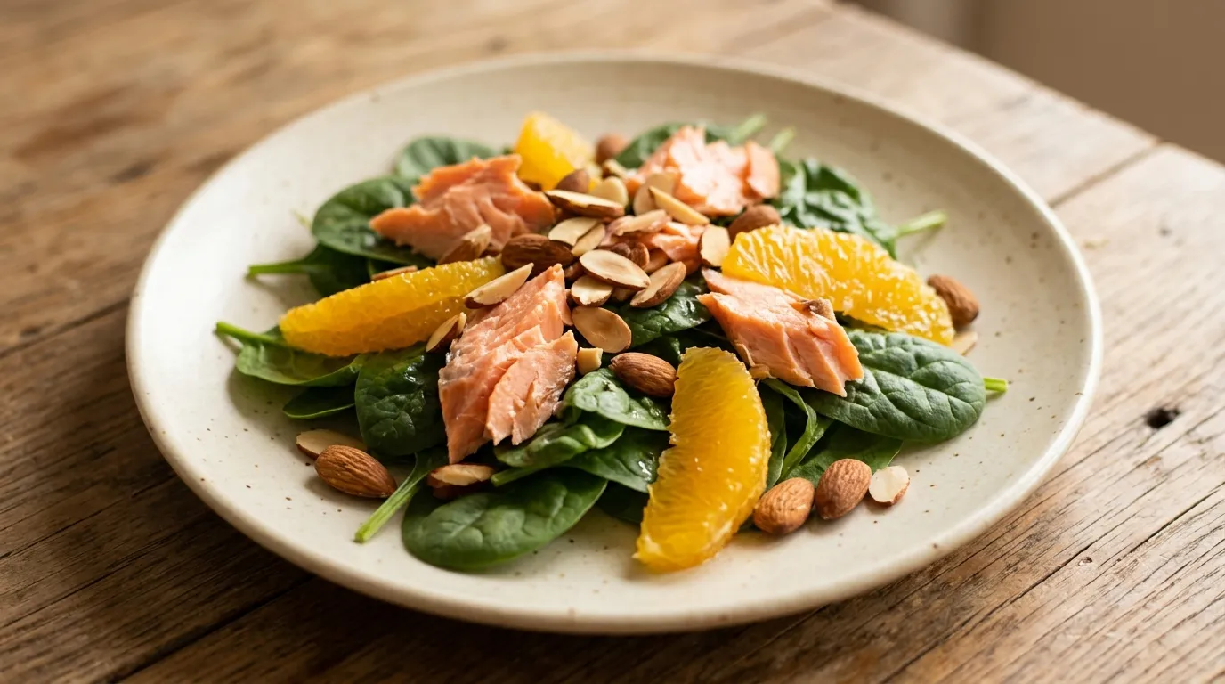 Salmon spinach salad with orange segments and almonds