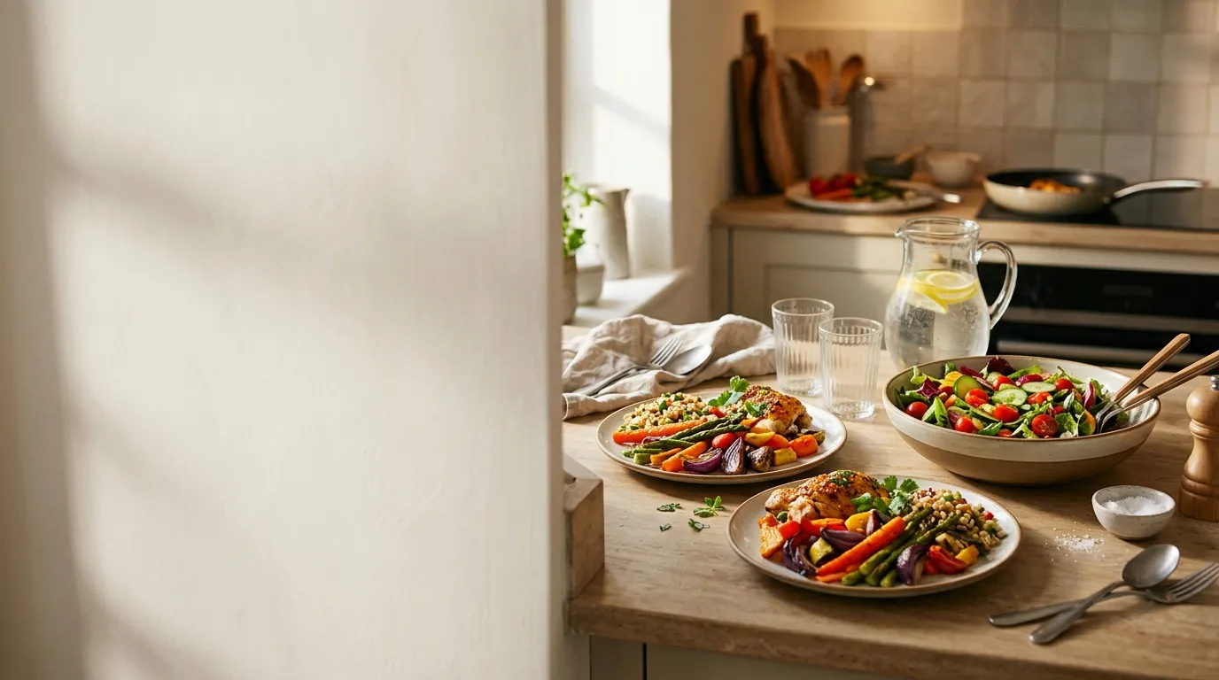 Two plates of colorful dinner on a bright kitchen counter