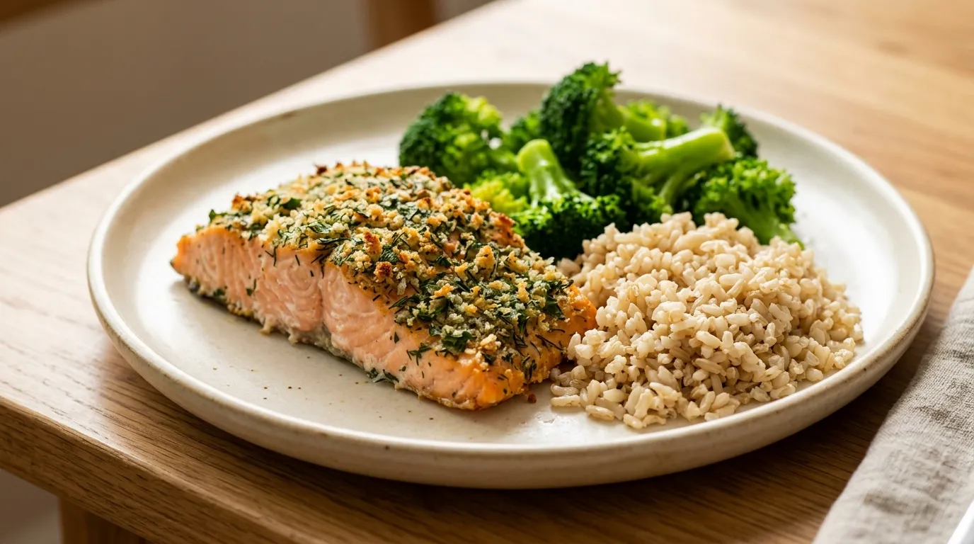 Herb-crusted salmon with brown rice and broccoli