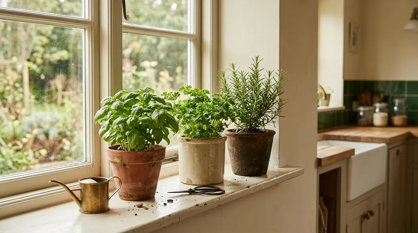 Pots of basil, parsley and rosemary on a sunny windowsill