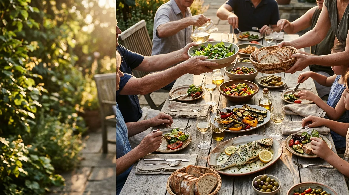 A family sharing salads, grilled vegetables and fish at a garden table