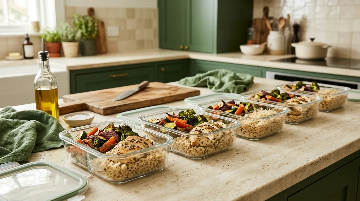 Glass meal-prep boxes with brown rice, roasted vegetables and chicken