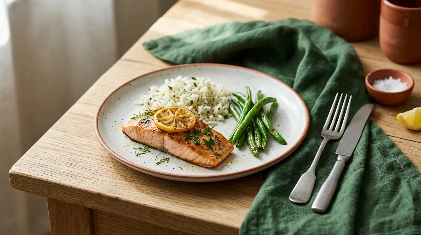 Lemon herb salmon with rice and green beans, a small high-protein dinner