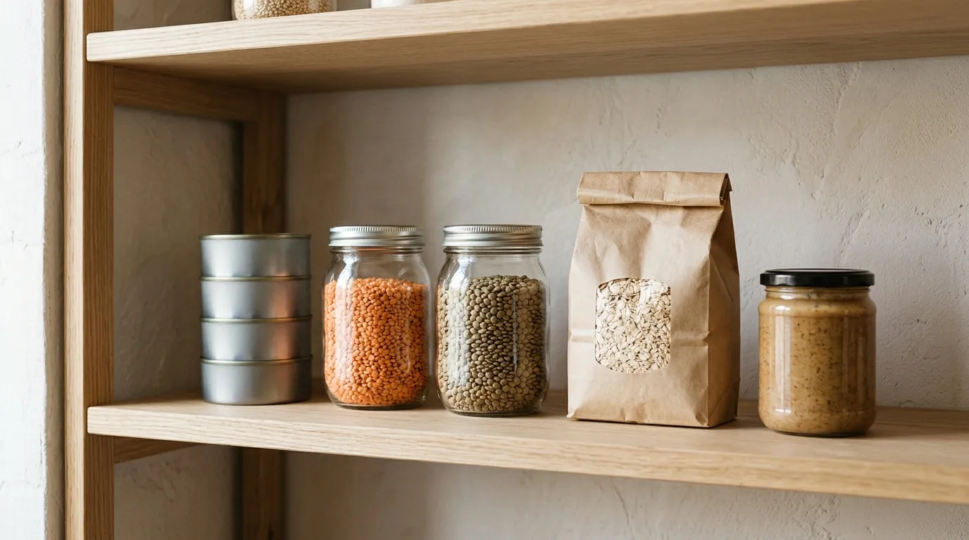 A pantry shelf with canned fish, lentils and oats