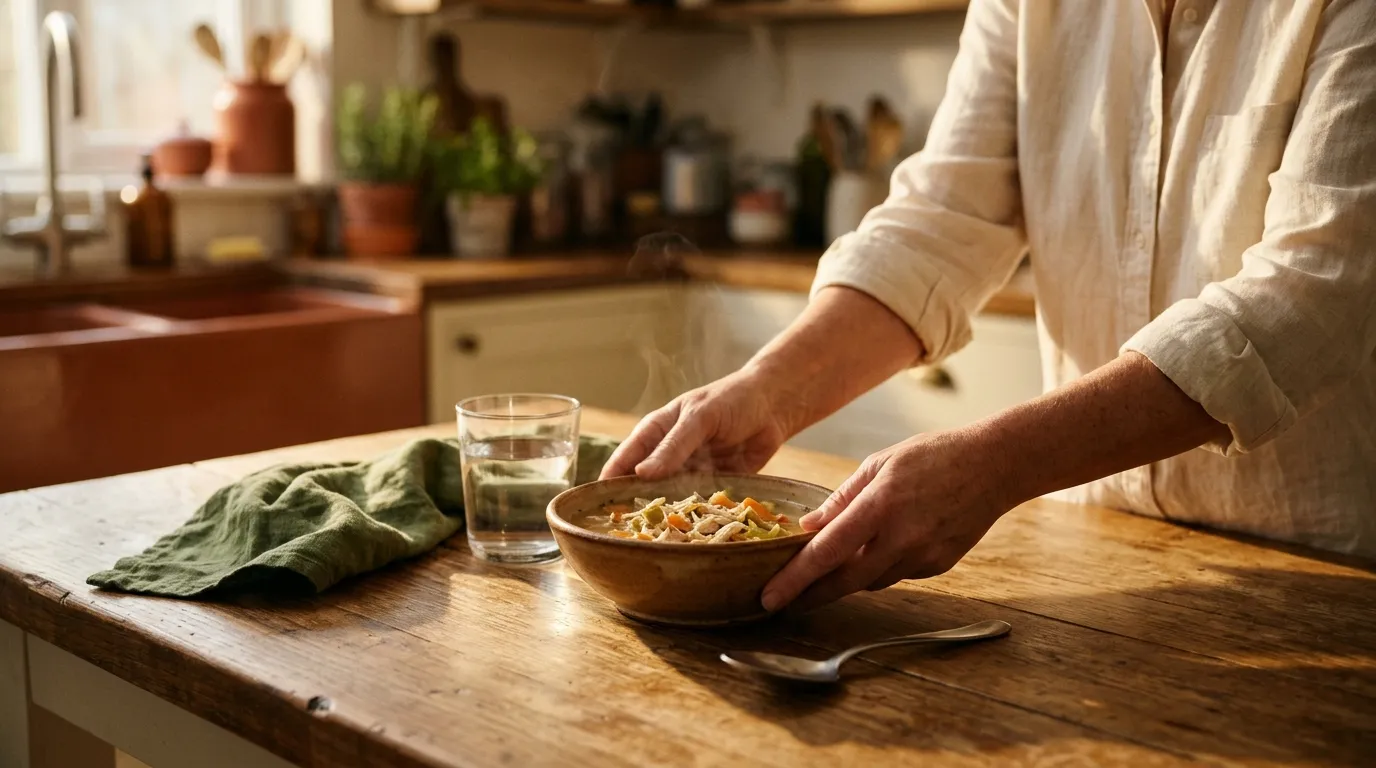 A small, protein-first meal on a kitchen table with a glass of water