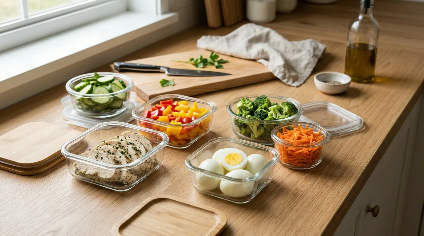 Small containers of cooked protein and vegetables prepared for the week
