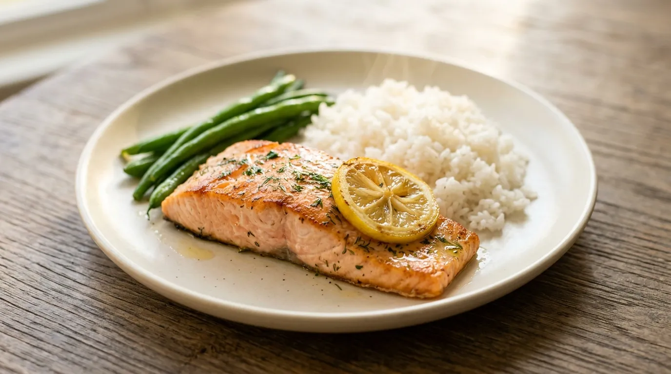 Lemon herb salmon with rice and green beans