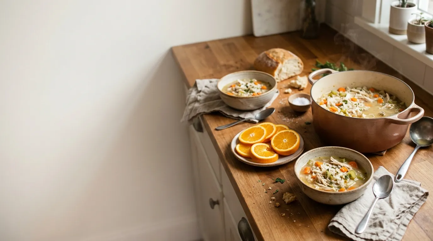 Bowls of soup and salad on a sunny kitchen counter