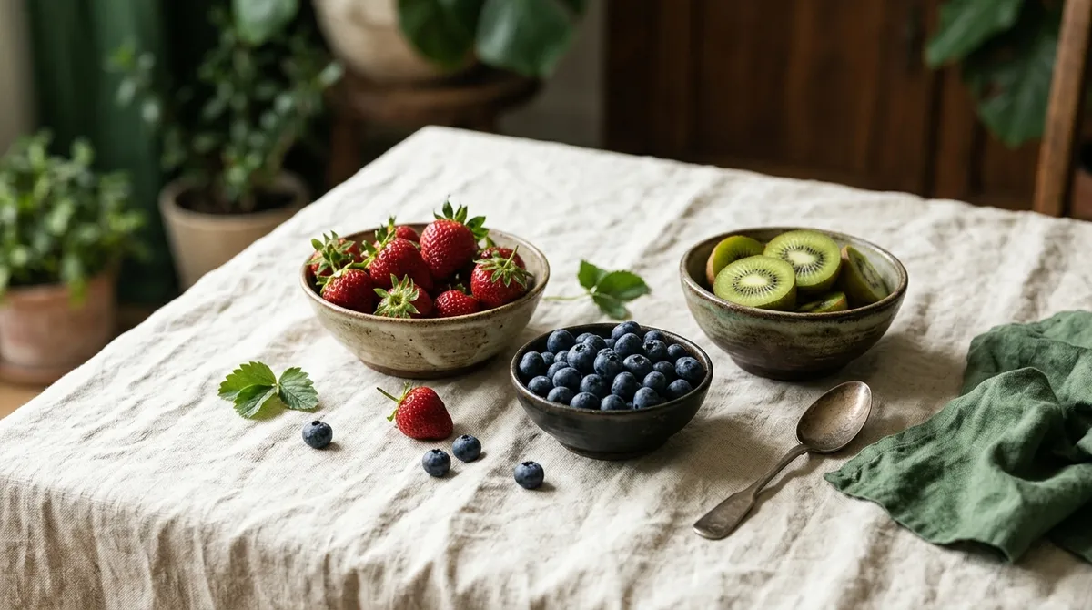 Strawberries, blueberries and kiwi