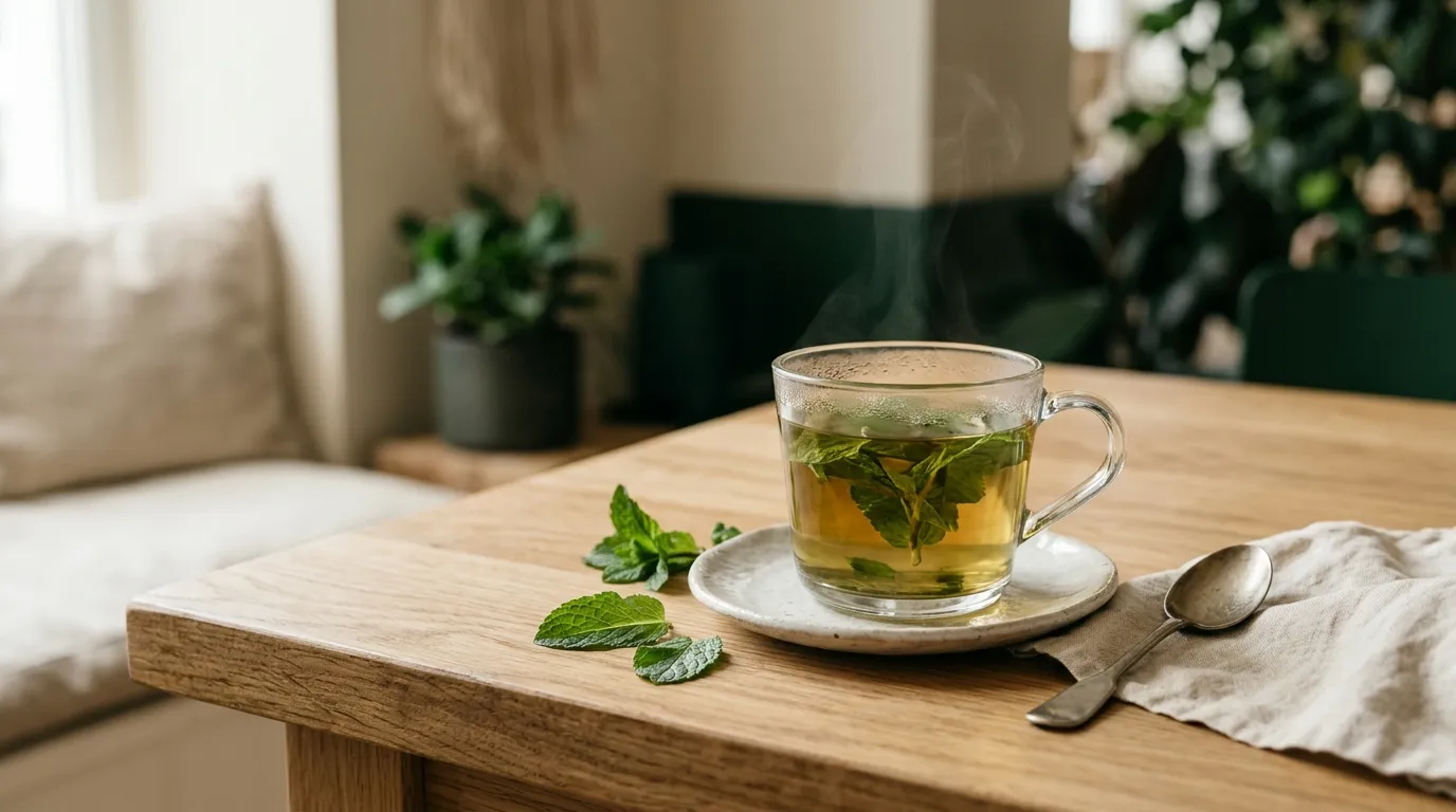 A glass cup of mint tea on a wooden table