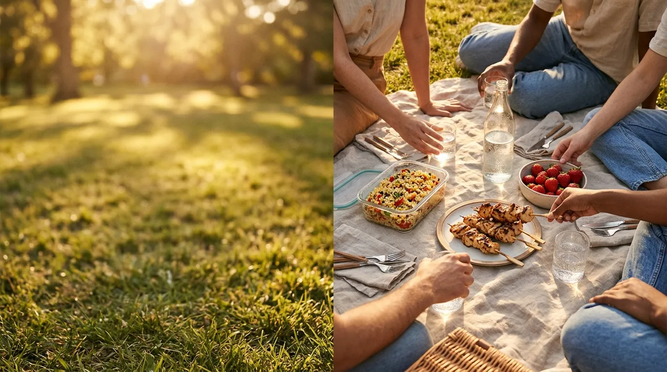 Friends sharing a picnic on the grass in golden light