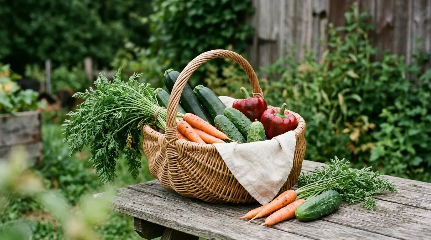 A garden table with a basket of carrots and greens