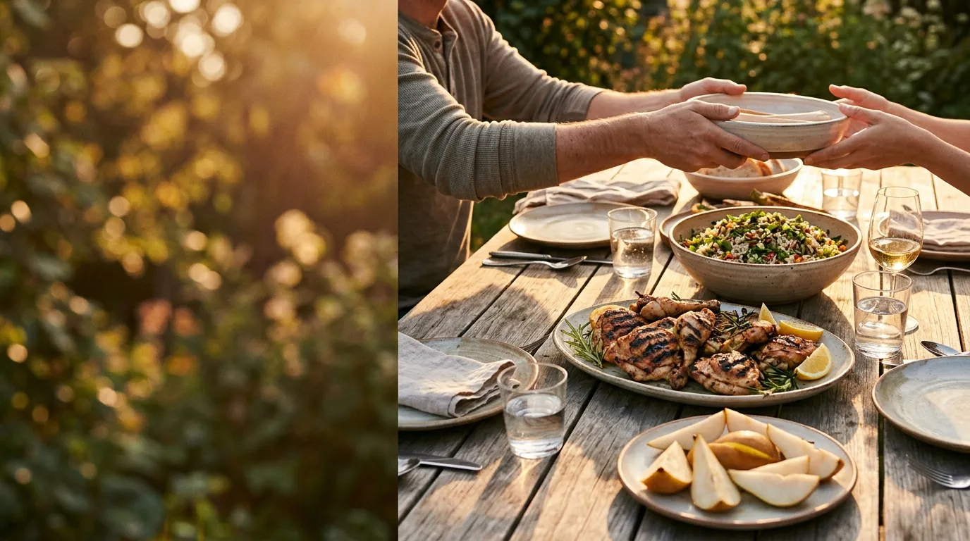 A garden table with grilled chicken, rice salad and sliced pears