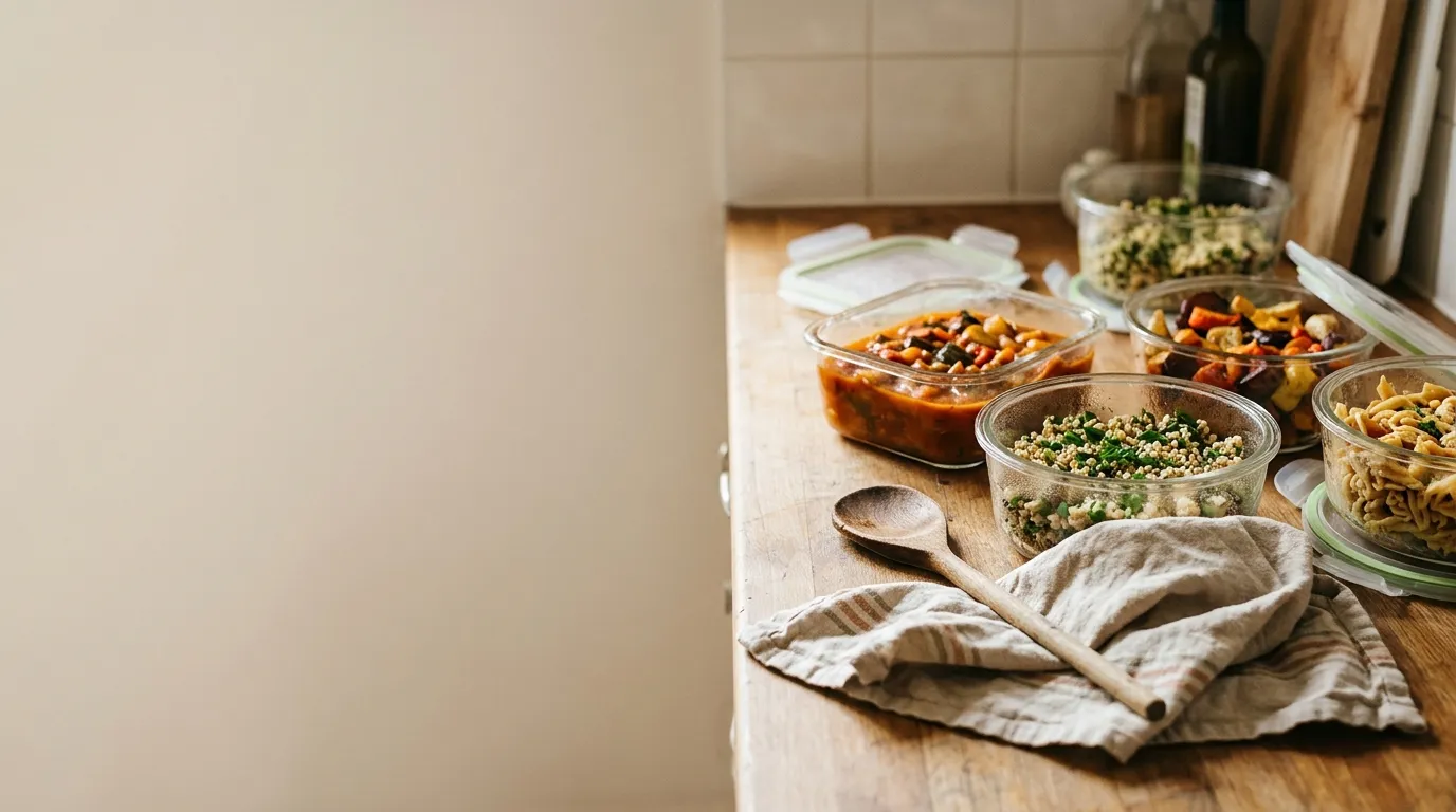 Glass containers of freshly cooked meals cooling on a counter
