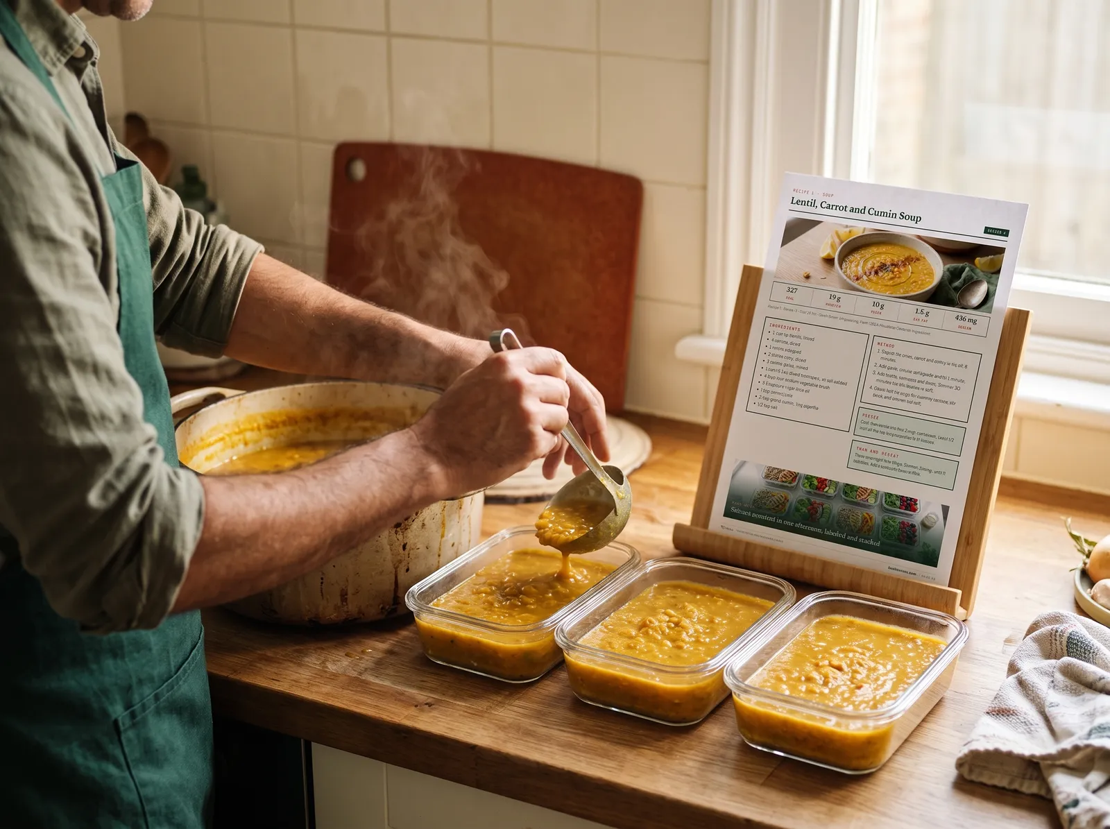 Ladling lentil soup into freezer containers with the recipe page on a stand