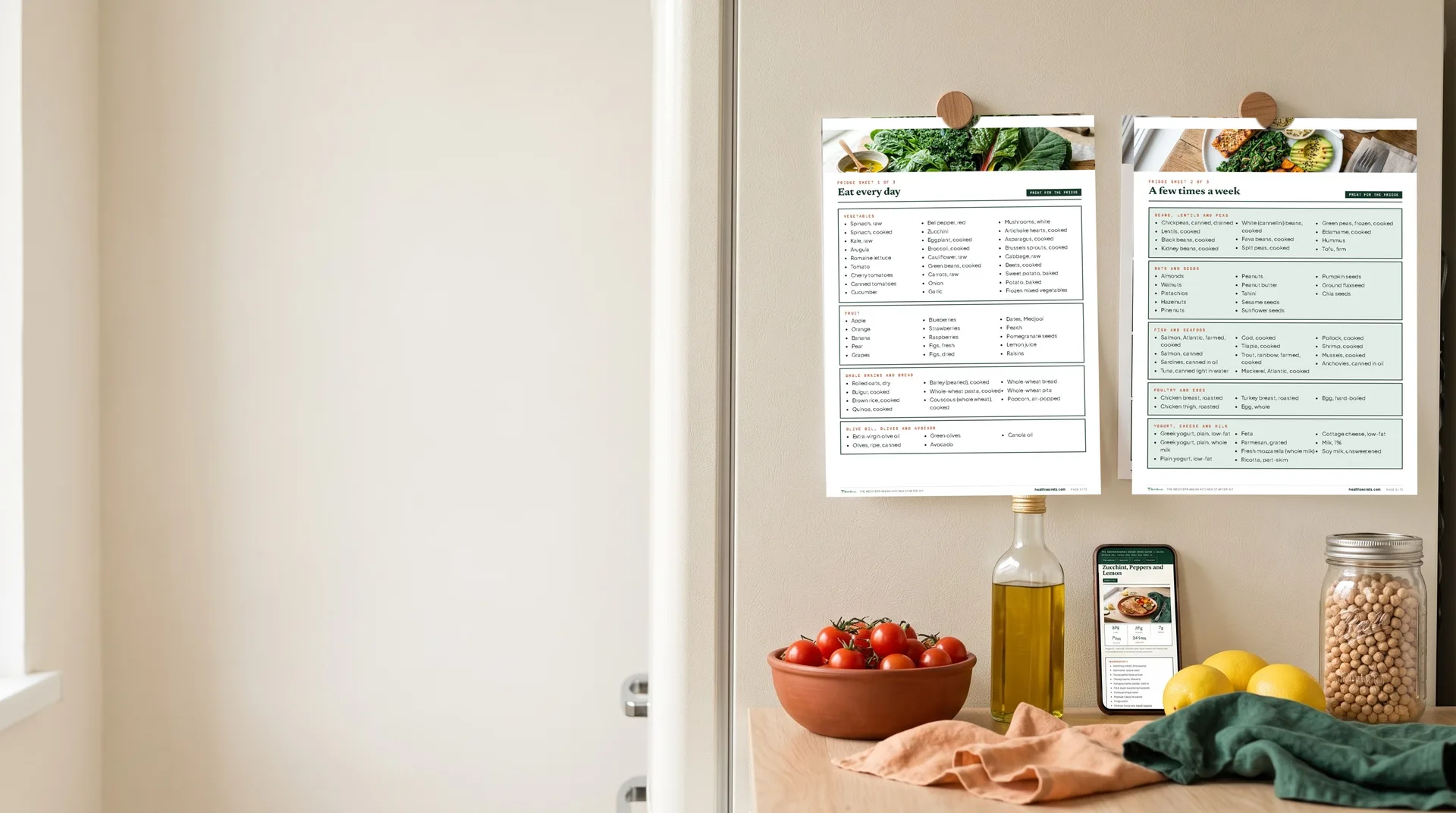 The two fridge sheets on a fridge door, with tomatoes, lemons and olive oil on the counter
