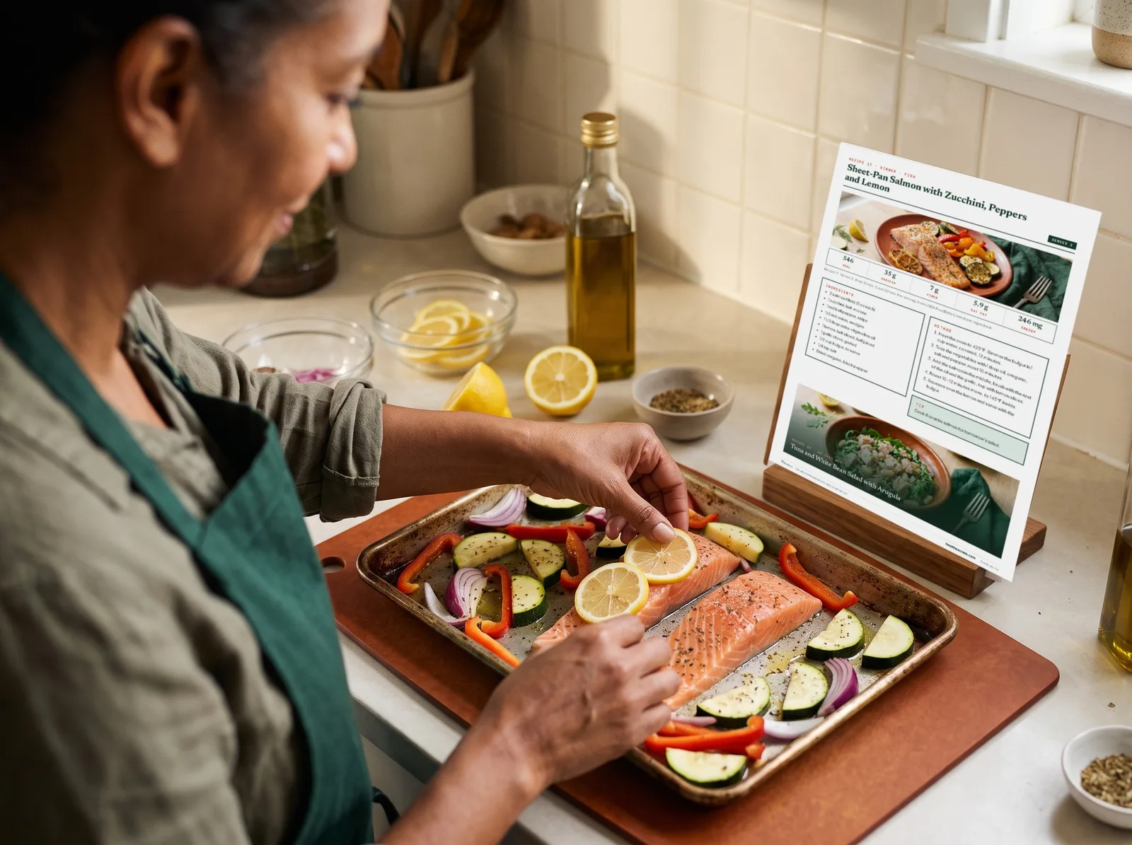 Cooking the sheet-pan salmon with the recipe page on a stand