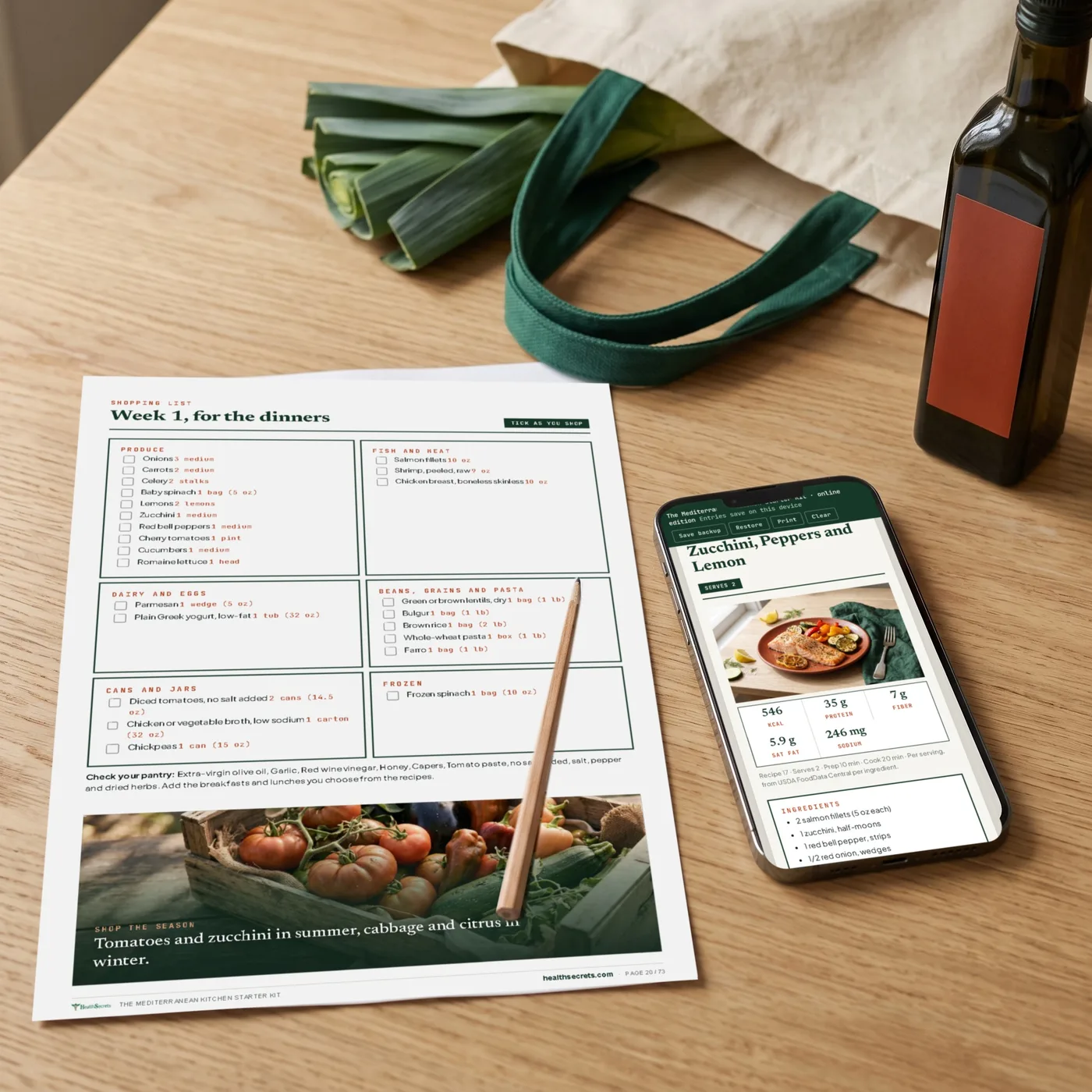 The printed week 1 shopping list next to the online edition on a phone