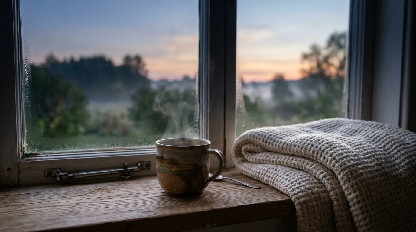 A mug of tea on a windowsill at dawn