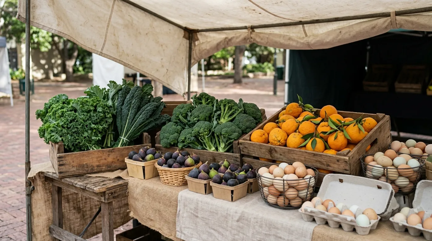Kale, broccoli, figs, oranges and eggs at a market stall