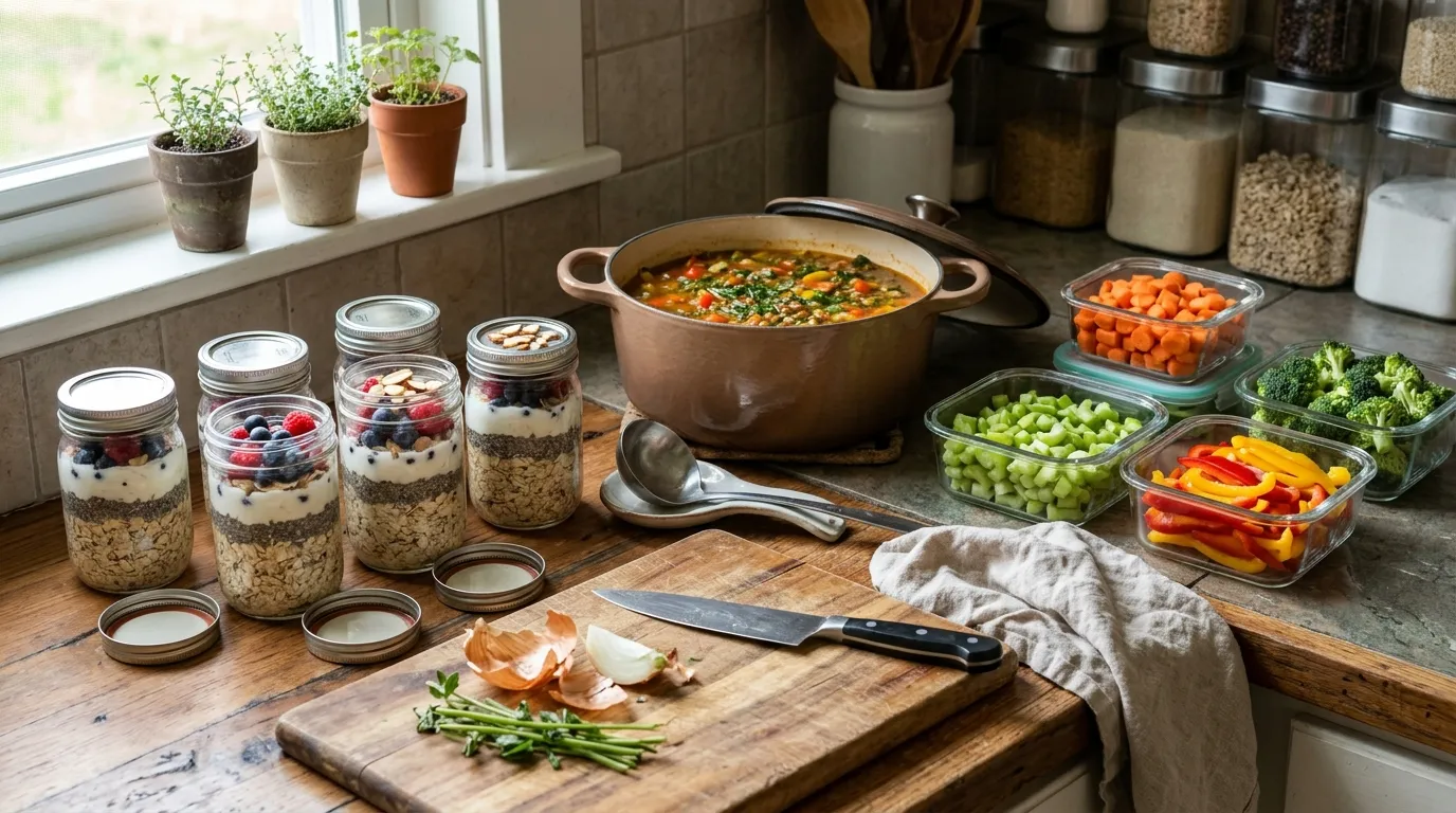 Overnight oats jars, soup and cut vegetables prepared for the week