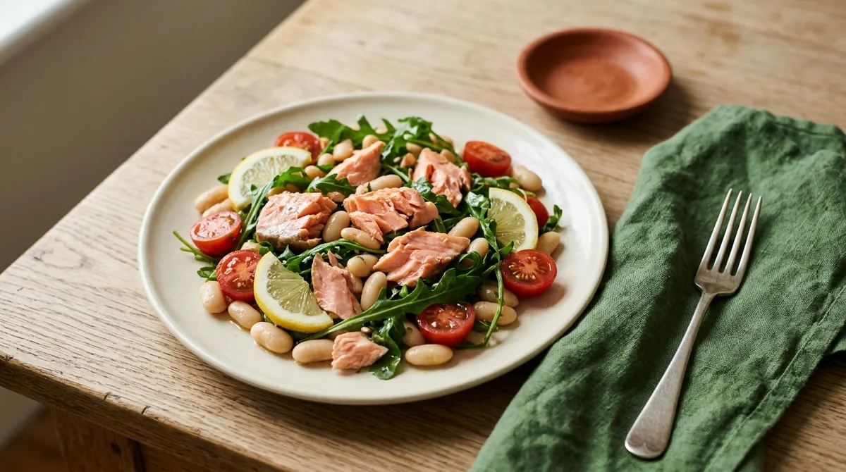 Salmon and white bean salad: 44 g of protein