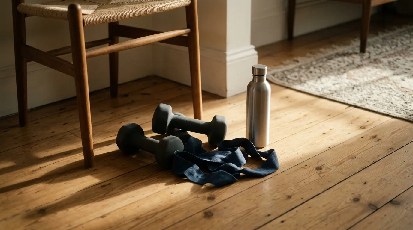 Dumbbells, a band and a water bottle beside a chair