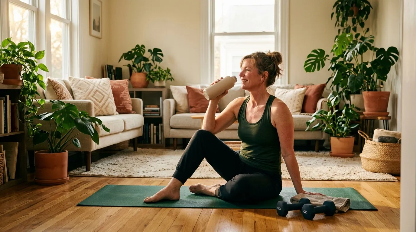 A woman resting on a mat with dumbbells in a sunny living room