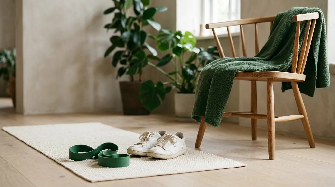 An exercise band and walking shoes on a mat beside a wooden chair