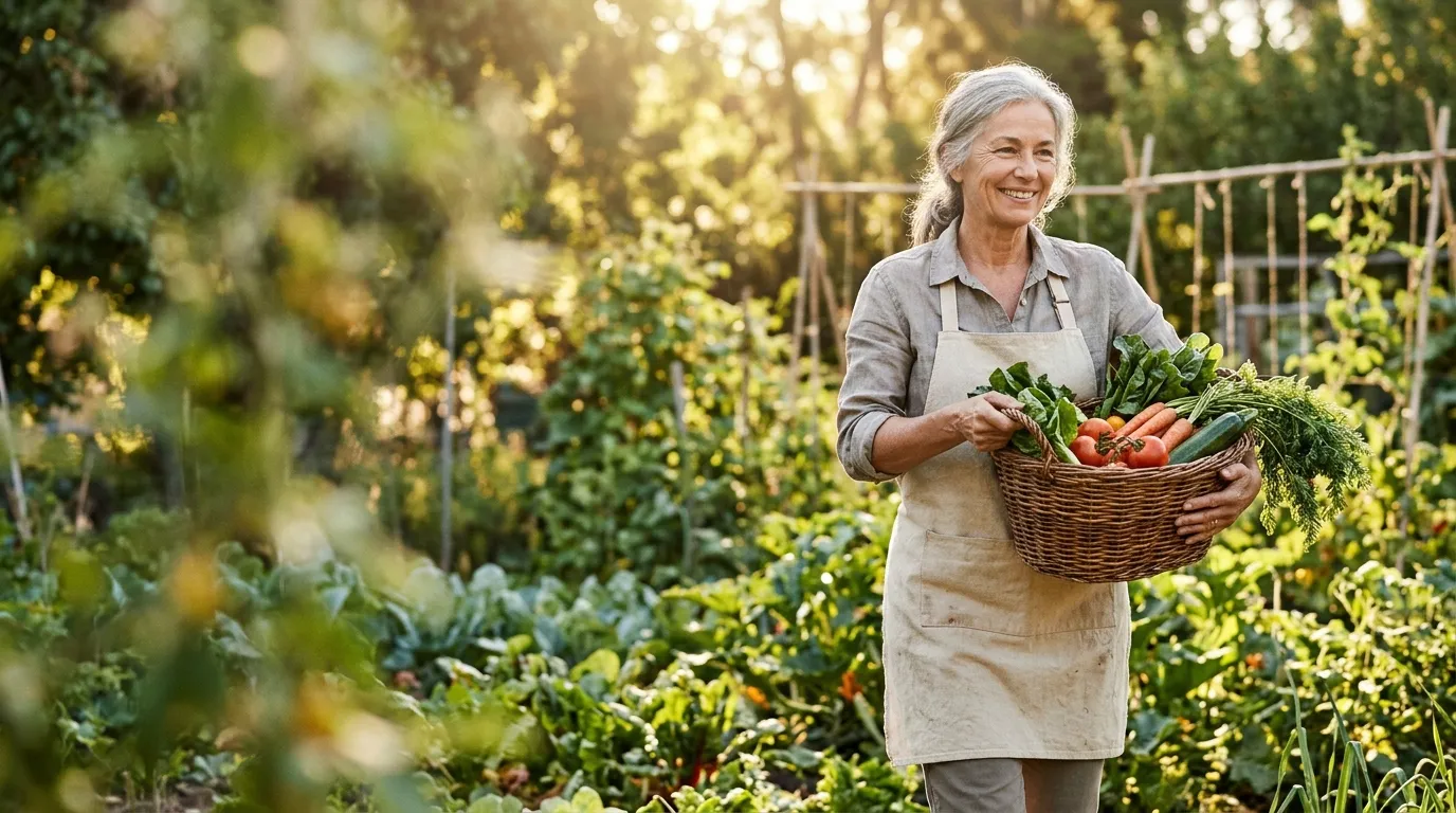 An older woman in a sunny vegetable garden carrying a basket of fresh greens