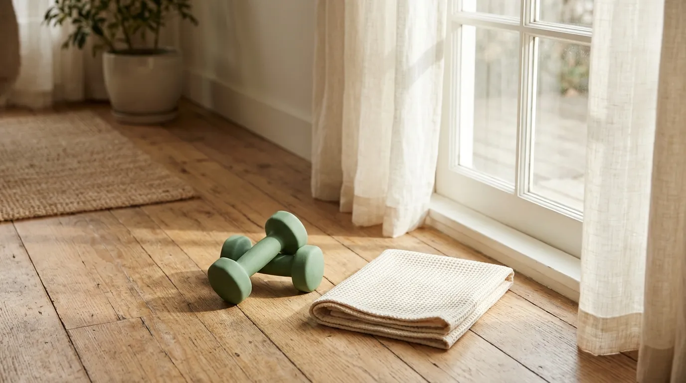 A pair of green dumbbells and a folded towel on a wooden floor by a window