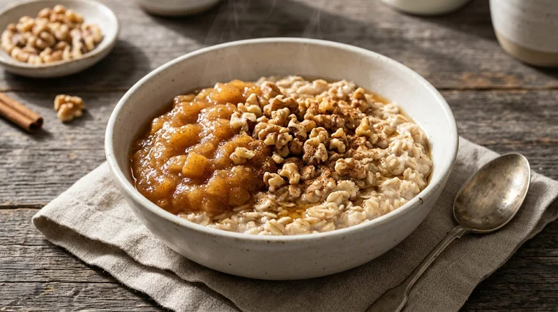 Warm cinnamon rolled oats with stewed apple