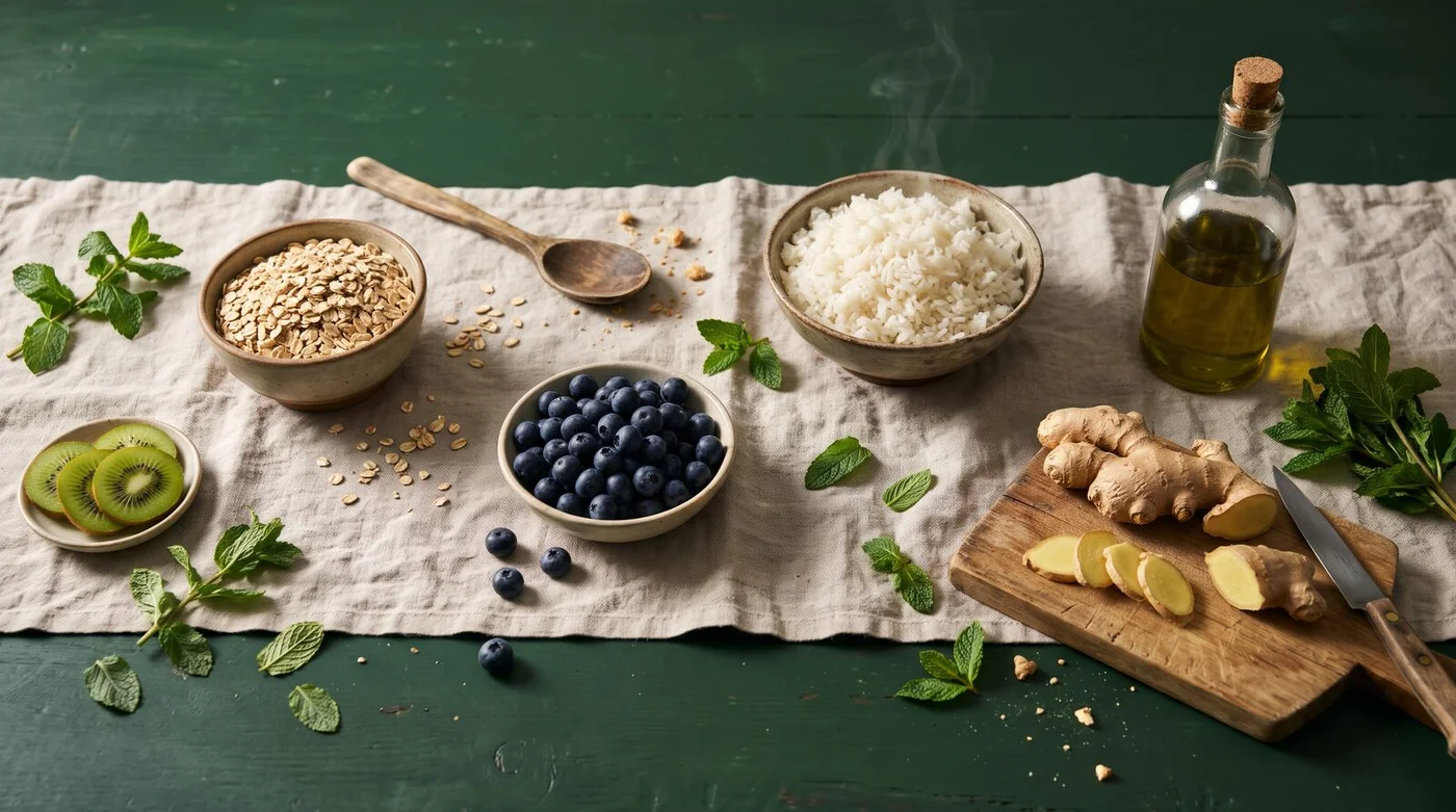 The 14-day gut-friendly meal planner with whole-food ingredients on a kitchen table