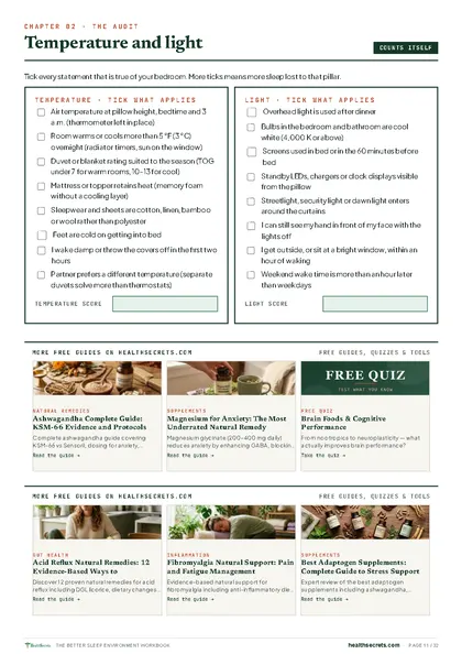 Better Sleep Environment Workbook: The audit: tick what applies, each pillar scores itself