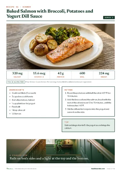The Bone-Healthy Recipe Book: Baked salmon with broccoli, potatoes and yogurt dill sauce